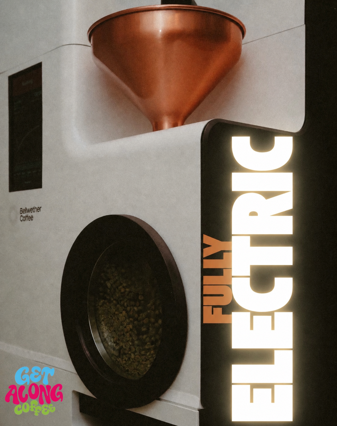 Our roasting device with the words "Fully Electronic" along the right side of the machine, as well as our logo on the bottom left as a watermark